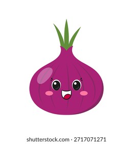 Cebolla roja, personaje de dibujos animados lindo y divertido, emociones alegría deleite, ojos grandes, cara sonriente feliz, estilo kawaii, Ilustración vectorial de iconos.