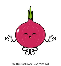 Red onion doing yoga character. Vector hand drawn traditional cartoon vintage, retro, kawaii character illustration icon. Isolated on white background. Red onion character