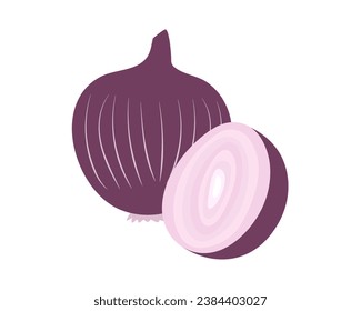 Red onion and half. Cut piece, onion rings. Vegetable, vegan food. Doodle style. Color image, purple shades. Isolated objects on a white background. Vector illustration.
