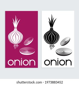 Red onion icon sign logo template for menu, label, logo. Simple restaurant, vegetarian, nutrition food sign, a concept for kitchen and cooking, grocer store. Isolated, Vector. Black and White, Purple.