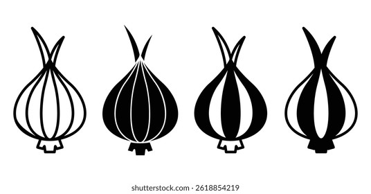 Red Onion Icons Simple Vegetable Vector Graphic Design Illustrations Black and White Color