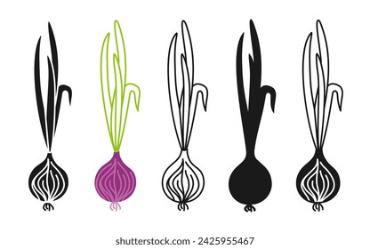 Red onion linear icon, cartoon symbol set. Hand Drawn spice vegetable silhouette shape, doodle red bulb onion. Diet simple sign design element. Onion symbol for infographic website app logo. Vector