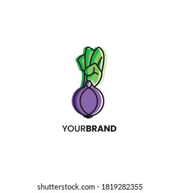 Red onion logo with leaves that form clenched fists.