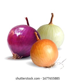 Red onion low poly. Fresh, nutritious, tasty onion. Vector illustration. Vegetables ingredients in triangulation technique. 