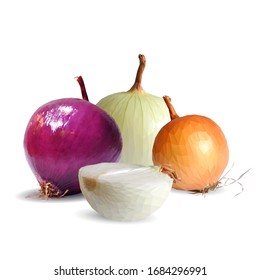 Red onion low poly. Fresh, nutritious, tasty onion. Vector illustration. Vegetables ingredients in triangulation technique. 