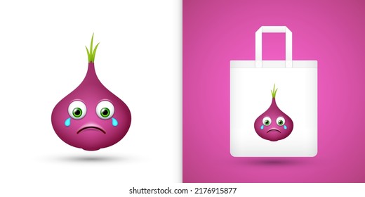 Red Onion on white tote bag. Vector