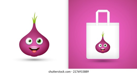 Red Onion on white tote bag. Vector