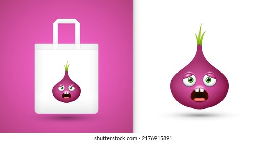 Red Onion on white tote bag. Vector