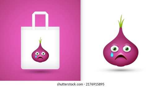 Red Onion on white tote bag. Vector