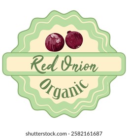 Red Onion packaging tag. Classic vegetable label tag or sticker with red bulb onions. Fresh natural product badge.