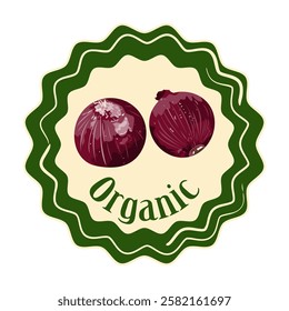 Red Onion packaging tag. Classic vegetable label tag or sticker with red bulb onions. Fresh natural product badge.