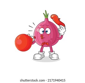 the red onion pantomime blowing balloon. cartoon mascot vector