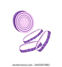 Red onion rings. Cutted into circle slices purple bulb. Raw vegetable for cooking meals, salads ingredient. Organic, natural farm eating. Flat isolated vector illustration on white background