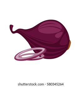 Red onion with rings isolated on white background. Culinary vegetable with specific taste. Cultivar with purplish red skin. Whole red onion and rings vector illustration in realistic cartoon style