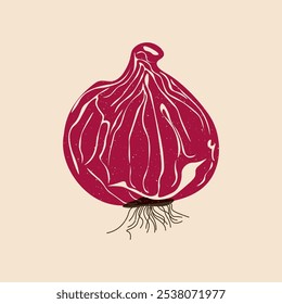 Red onion riso print effect. Abstract purple onion cartoon vegetable healthy organic food, cartoon whole ripe bulbous ingredient linocut style. Vector illustration.