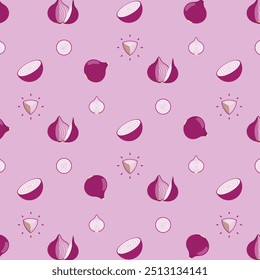 Red Onion seamless pattern, Farm fresh Red Onion product emblem for grocery shop, Slides, long and cross sections, and different positions, simple flat vector illustration of vegetables and fruits.