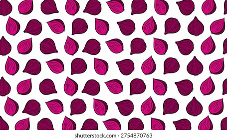 Red Onion Seamless Pattern. Fresh Vegetable Slice Illustration. Hand Drawn Culinary Ingredient. Repeating Kitchen Food Background.