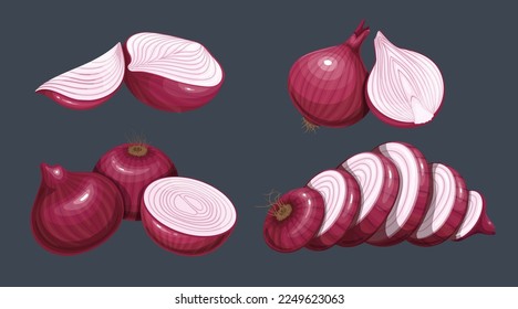 Rote Zwiebelset, Bio-Gemüse und gesunde Lebensmittelzutaten zum Kochen von Vektorgrafik. Cartoon einzeln auf Vollvioletter Zwiebel auf Schale, frische, rohe Scheiben, Zwiebeln auf halb oder viertel geschnitten