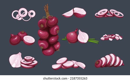 Ilustración vectorial de cebolla roja. Colgando un montón de cabezas de chalote morado en cáscara. Caricatura aislada de cebolla entera con hoja, cortada a la mitad, rodajas, secciones y trozos cortados para cocinar