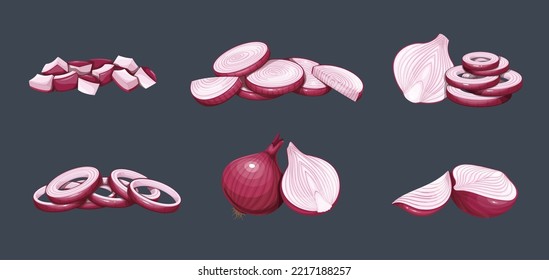 Red onion set vector illustration. Cartoon isolated whole onion bulb and cut in half, round slices or quarter, chopped organic purple shallot, pieces and rings of fresh raw vegetable for cooking