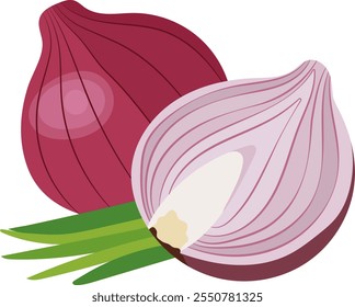 Cebola vermelha ou chalota vegetal com ilustração fatiada isolada no fundo branco