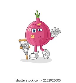 the red onion sick with limping stick. cartoon mascot vector