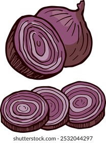 Rodaja de cebolla roja. Doodle de comida dibujado a mano