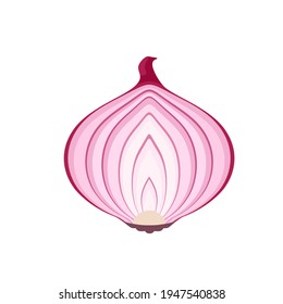Red onion slice isolated on white. Vector flat icon of half onion. Cartoon vegetable. Simple food illustration.