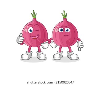 the red onion thumbs up and thumbs down. cartoon mascot vector