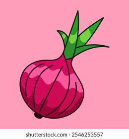 Vector de la cebolla roja aislado en el fondo rosado, Vector simple lindo del Vector de la cebolla roja