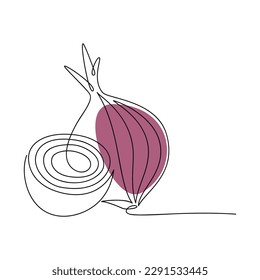 Red onion vector. Line continuous hand drawn illustration. Vegetable outline icon. Garden plant. Minimal linear silhouette. Graphic design, print, banner, card, brochure, cartoon sign, doodle.