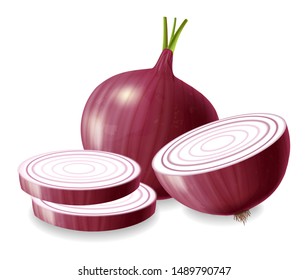 Red onion vector realistic isolated on white 3d illustration
