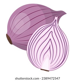 Red onion, whole and half. Isolated vector illustration on a white background
