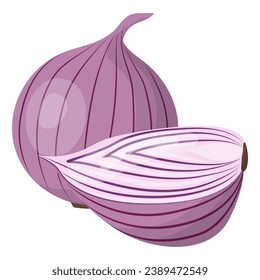 Red onion, whole and half. Isolated vector illustration on a white background