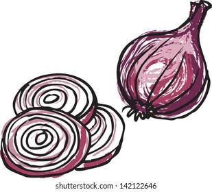 Red onion whole & sliced vector illustration