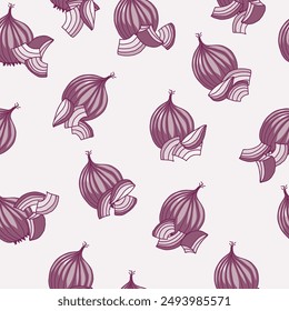 Red Onions and Chunks Scattered on a Pale Onion red Background creating a seamless pattern print background