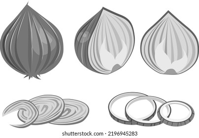 Cebollas rojas de varias cortadas: todo trenzado de medio corte en negro y blanco o escala de grises ilustraciones de diseño de vectores de color aisladas en blanco o transparente