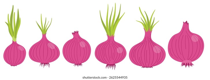 Red onions vegetable icon set in the flat style on white background.