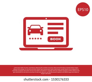 Red Online car sharing icon isolated on white background. Online rental car service. Online booking design concept for laptop.  Vector Illustration