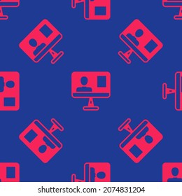 Red Online class icon isolated seamless pattern on blue background. Online education concept.  Vector