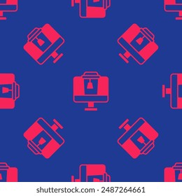 Red Online ordering and fast food delivery icon isolated seamless pattern on blue background.  Vector