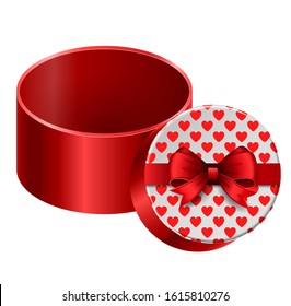 Red open 3D realistic round gift box. Realistic box vector illustration
