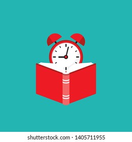 red open book with red  alarm clock.  Isolated on white background. Flat reading icon.  