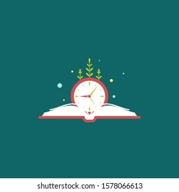 red open book with blue clock and grass.  Isolated on blue background. Flat reading icon. Vector illustration. Education, learning logo. Knowledge sign. Time to study, deadline, reminder, schedule