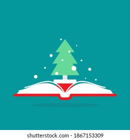Red open book with Christmas white fir tree on blue background. Spruce and book. Vector flat illustration. Holiday education, study, reading. New year school party. New year course sales.