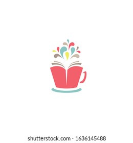 red open book as coffee cup with colorful drops flying out. reading club logo isolated on white background. Flat icon. Vector illustration. Creative, imagination, inspiration, fantasy. Education logo