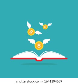 red open book with colden dollar coins with wings flying out on blue background.  Money book business concept. Flat vector illustration. Account book symbol.  Investment ideas. 