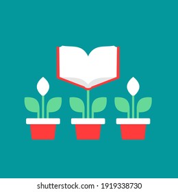 Red open book as flower in blue pot. Study, learning, education results concept.  Vector illustration. Creative, smart, knowledge illustration