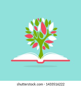 red open book with green tree.  Flat icon isolated on powder blue background. Reading icon. Vector illustration. Inspiration pictogram. Knowledge, study, education, school or course concept.