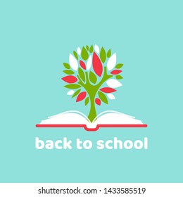 red open book with green tree  isolated on powder blue background. Vector illustration. Inspiration, power of knowledge and education. Back to school card or poster